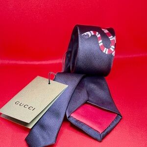 Gucci Black Silk Tie with Red and White Snake Motif